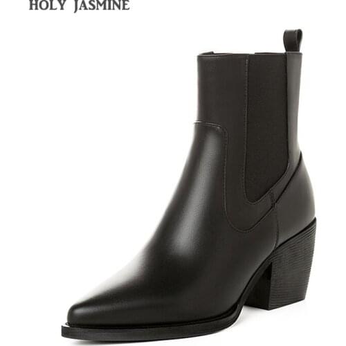 2020 New fashion Spring/Autumn Women Ankle boots Square high heels Leather Boots Pointed Martin boots Casual Pumps Size 34-42