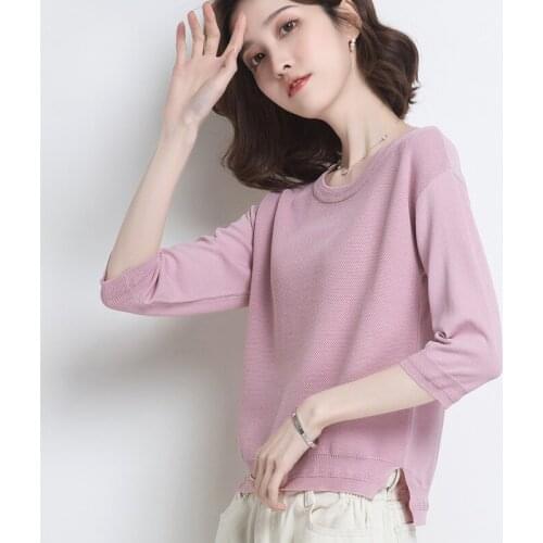 Tops Women M-3XL 2020 Spring Summer New Korean Style Round Neck 3/4 Sleeves Solid Color Loose Thin Knitted T-Shirts Plus Size