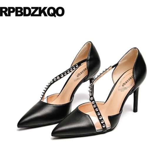 Black Stiletto Scarpin Designer Size 33 Ladies High Heels Shoes Stud Metal Thin Medium Pumps Slip On Plus Rivet Nude Pointed Toe