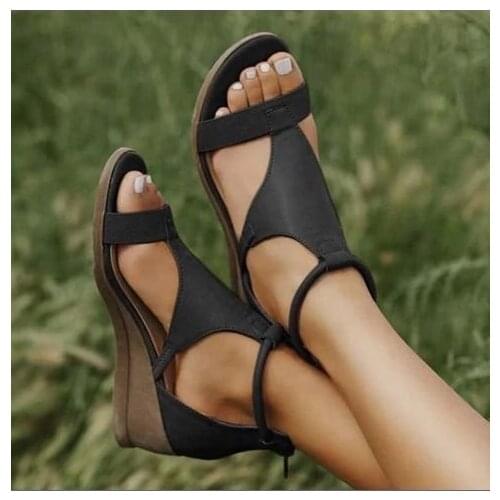 2021 New Versatile Heightened Temperament Wedge Womens Shoes Open Toe Sandals Foreign Trade Large Size 43 Roman Style Wholesale