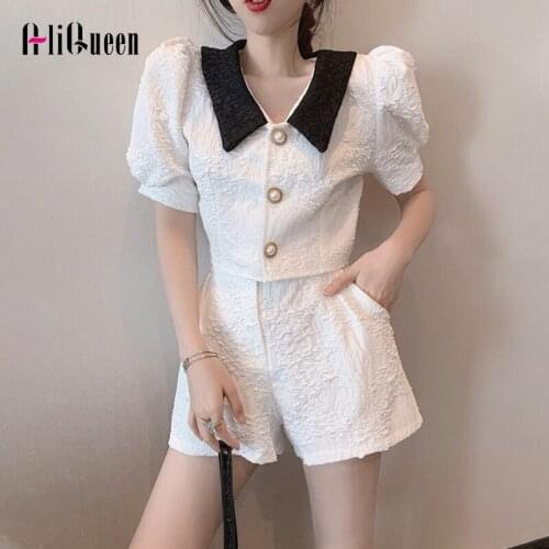 Summer 2021 Fashion Women 2 Pieces Set Folds Single Breasted Puff Sleeve Black White Women Pant Set Casual Women Two Pieces Set