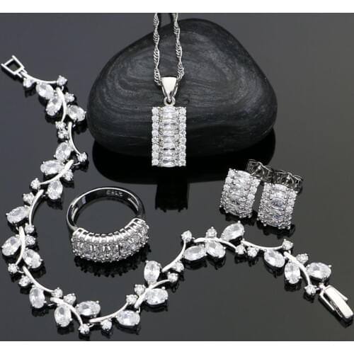 925 Sterling Silver Bridal Jewelry Sets For Women Decoration White Cubic Zirconia Earrings/Ring/Bracelet/Necklace/Pendant