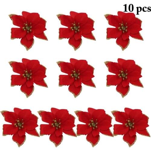 10PCS Christmas Flowers Artificial Glitter Poinsettia Flowers Xmas Tree Decor Poinsettias Flower Christmas Tree Flower