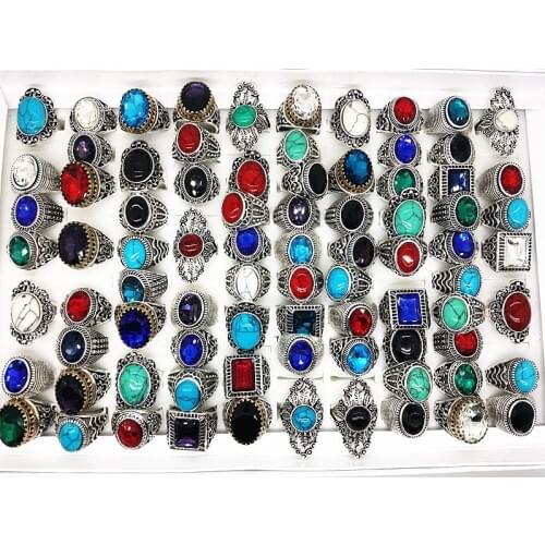 MIXMAX 50pcs Tibetan Silver rings vintage mix Stone womens mens unisex antique alloy metal Jewelry wholesale lots bulk