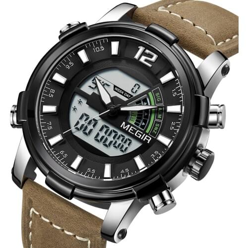 2018 MEGIR Brand Leather Sport Quartz Wrist Watch Dual Display LED Analog Clock Waterproof Date Week Male Watch Military Watches