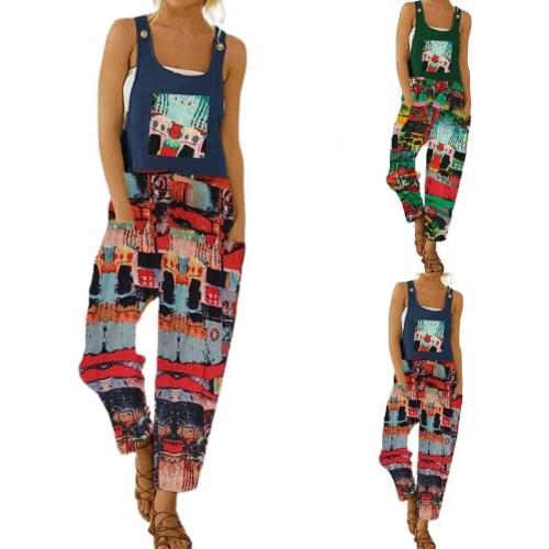 Women Jumper Suit Casual Boho Fish Print Oversized Bodysuit Pocket Romper Long Playsuit Strap Button Jumpsuit Dropshipping