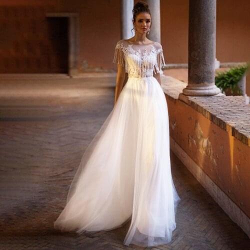 Eightree Robe de soiree Lace Evening Dress Appliques Prom Dresses Beading Beach Scoop A-Line Illusion Bride Gown Party Dress