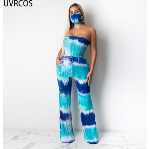 UVRCOS Overalls For Women 2021 Popular Casual Tie Dye Printing Fold Backless Strapless Skinny One Piece Bodycon Beach Sweatsuit