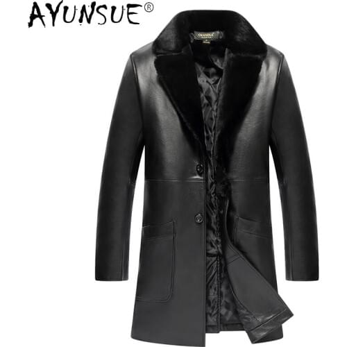 AYUNSUE Winter Jacket Mens Genuine Leather Jacket Men Long Cowhide Coat for Men Wool Fur Collar Chaqueta Cuero Hombre 19-807