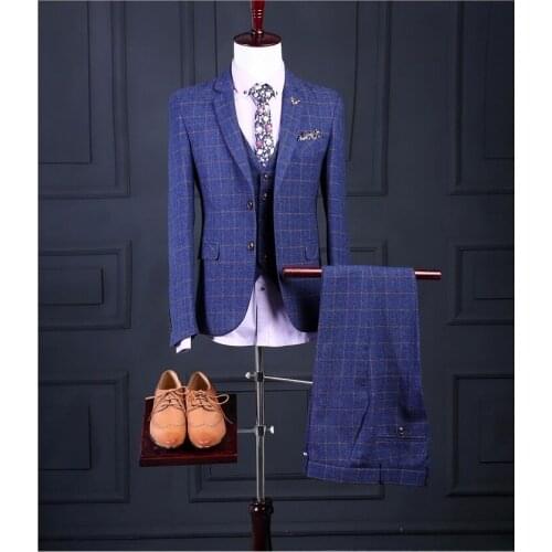 2021 Custom Made 3 piece Male Formal Business Blue Plaid Suit For Men Fashion Plaid Groom Wedding Dress Suit Jacket+Vest+Pants