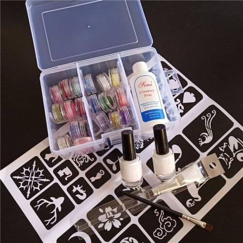 24 Colors Glitter Luminous Kits Box Waterproof Temporary tattoo stencil Body Painting Brushes Glue Stencils Diy Kids Face Toy