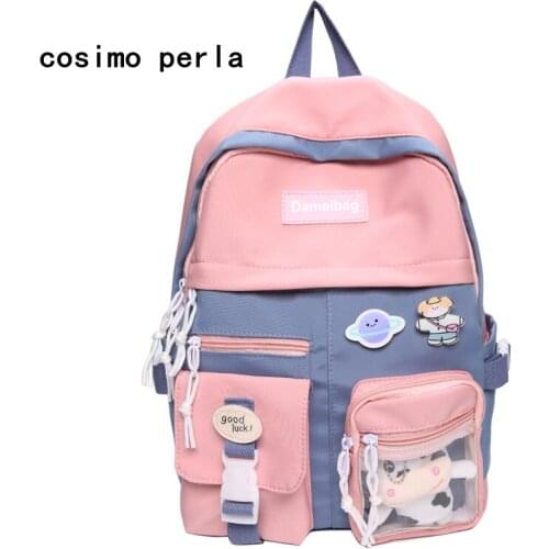 Nylon Waterproof High School Schoolbag for Girl Fashion Hit Color Big Backpack College Student Travel Doll Pendant Bagpack