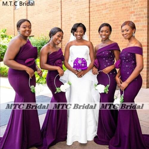 Newest 2021 Purple Mermaid Long Bridesmaid Dresses Graceful Flowers One Shoulder African Maids Of Honor Party Gowns Plus Size