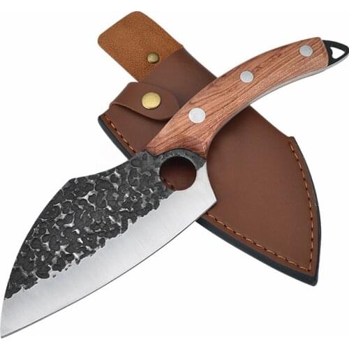 Outdoor BBQ Cleaver Knife Carbon Steel Meat Chef Boning Knife with Leather Sheath Hand Forged Butcher Knives for Kitchen Camping