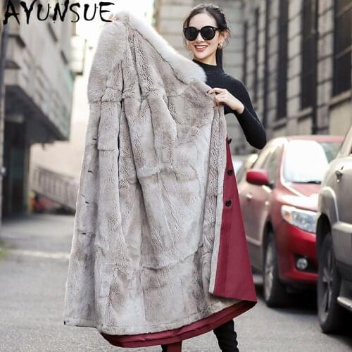 AYUNSUE Woman Parkas Real Fur Coat Women Winter Jacket Fox Fur Hooded Natural Rex Rabbit Fur Coats for Women Clothes 2020 18179