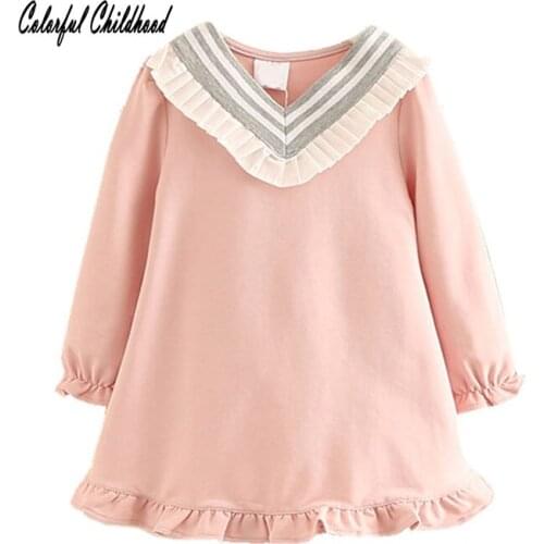 V-neck Long Sleeve Autumn Winter Dress For Girls Striped Ruffled Bottom Toddler Girl School Style Dress Anniversaire Enfant 3-8t