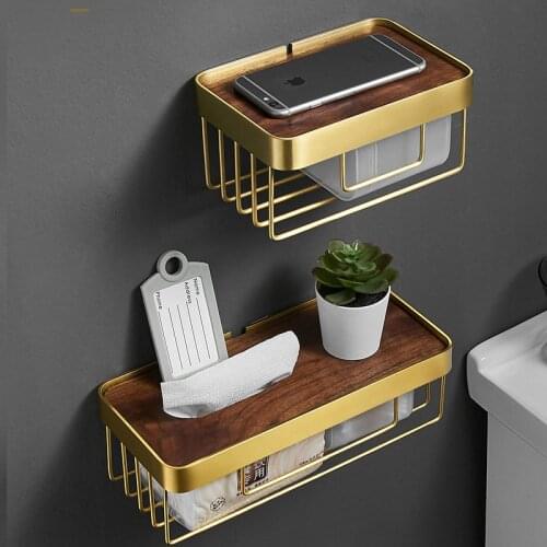 Bathroom Shelf with Phone Holder Brushed Gold Bathroom Paper Holder Wall Mounted Tissue Holder Paper Roll Holder Wood and Brass