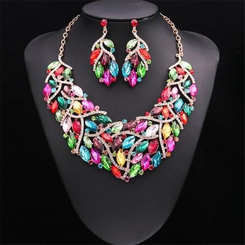 Luxury Big Crystal Statement Necklace Earrings Dubai Jewelry Sets Indian Bridal Wedding Party Womens Fashion Costume Jewellery