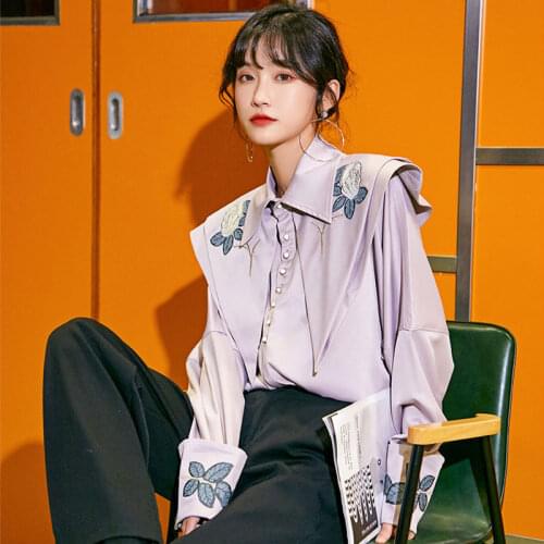 Long Sleeve Shirt Large Double Collar Luxury Casual Blouse 2020 Brand Vintage Rose Embroidery Loose Lavender Clothes