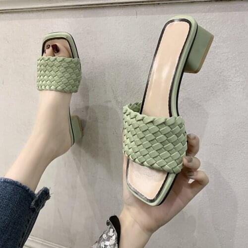 Dropshipping Women Summer Slippers Thick-heeled Leather Weave Casual Ladies Slides Square Toe Solid Color Beach Sandals