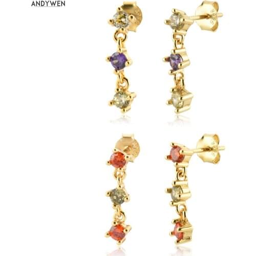 ANDYWEN 925 Sterling Silver Gold Rainbow CZ Charm Chain Drop Earring Women Luxury Jewelry 2021 Wedding Rainbow Piercing Pendient
