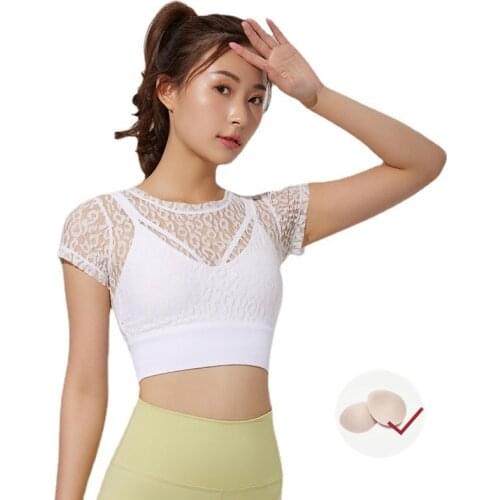 Mesh Jacquard Sports Top Women Fake Two-Piece Yoga Short-Sleeve Shirt With Chest Pad Slim Breathable Running Fitness Clothes