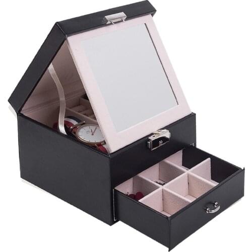 Easy to Clean PU Leather Jewelry Storage Box Drawer Type Makeup Jewelry Casket Organizer with Mirror Jewelry Box Birthday Gift