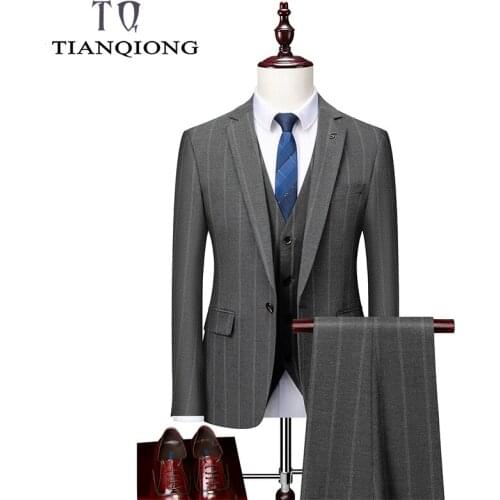 TIAN QIONG Gray Stripe Suits for Men High Quality Three Piece Mens Wedding Suits Prom Party Dress Dinner Christmas Suit Male