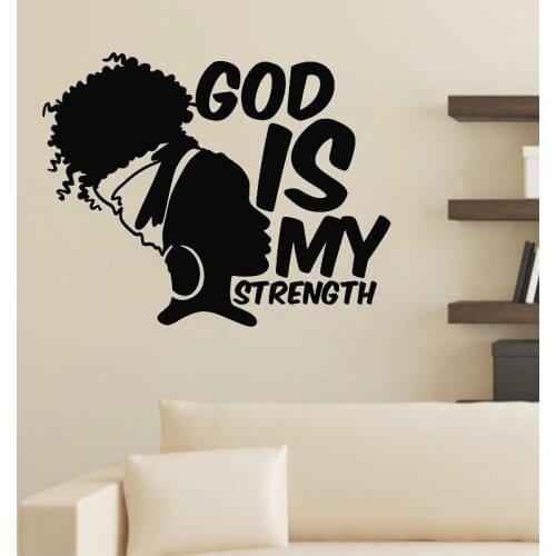 African Girl Wall Decal God Is My Strength Quotes Wall Sticker Africa Woman Bedroom Living Room Home Decor Vinyl Art Murals
