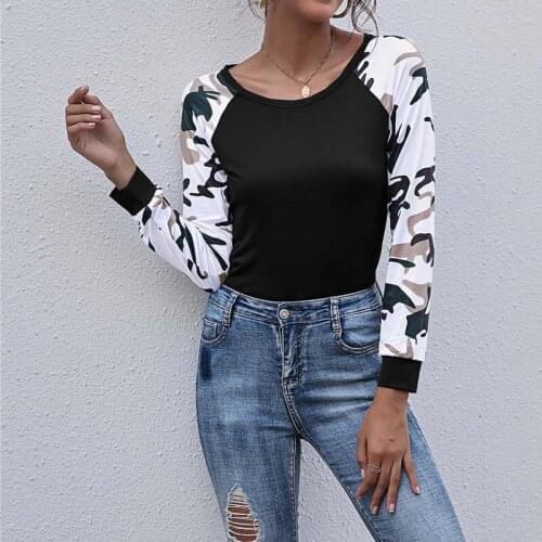 New Camouflage Print Summer T Shirt Women Clothes Long Sleeve O Neck Patchwork Tops Elegant Streetwear Oversized Tee Shirt Femme