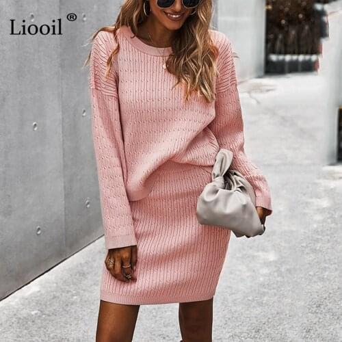 Liooil Knitted Two Piece Sets Women Outfits Sweater And Skirts 2020 Long Sleeve Top Ladies Autumn Winter Clothes Blue Knitwear