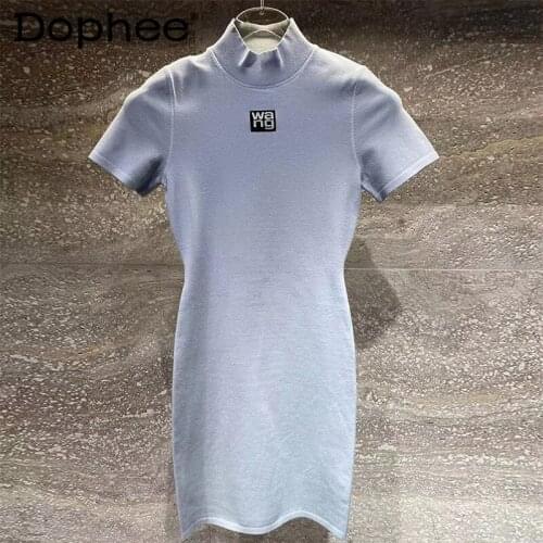 WANG Short-Sleeved Knitted Dress for Women Summer New Letters Embroidered Knitted Slimming Basic Bodycon Midi Dress Lady Part