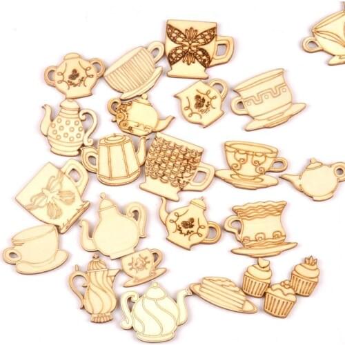 10pcs Mixed Unfinished Wood Slices Coffee Cup Pattern DIY Crafts Home Decor Scrapbook Handmade Accessories Wooden Ornament M2172