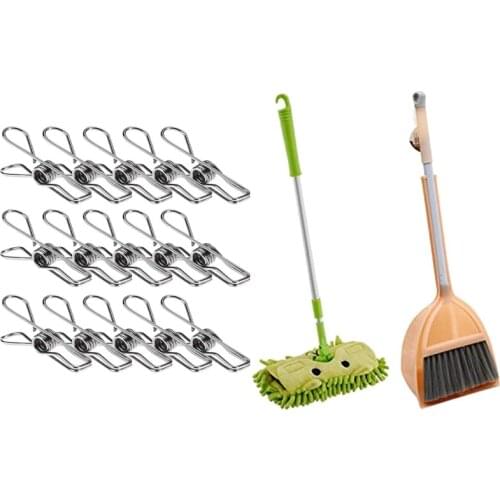 24 Pcs Stainless Steel Wire Clip & 1 Set Small Mop Small Broom Small Dustpan, Little Housekeeping Helper Set