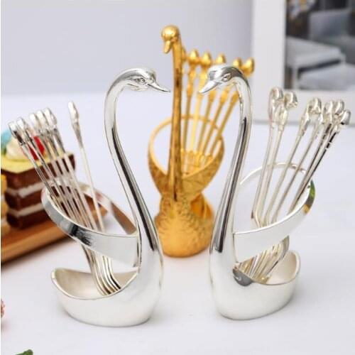 6pcs/Set Fashion Golden/Silver Metal Swan +Spoon /Fork Small Fruit Fork Dessert Fork Set FF01
