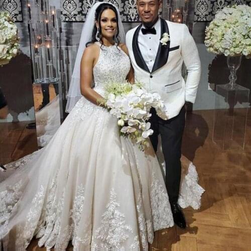 Halter Ball Gown Wedding Dresses 2021 African Lace Appliques Beaded Princess Bridal Gowns Backless Court Train Vestidos De Novia