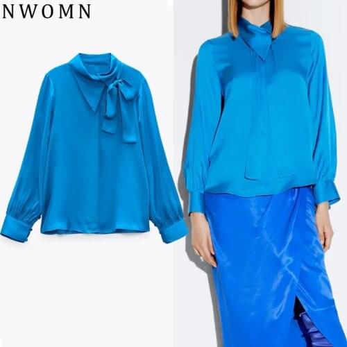NWOMN Za Women Shirts Bow Tied Satin Top Female Blue Summer Blouses Woman Chic Asymmetric Collared Shirt Long Sleeve Elegant Top