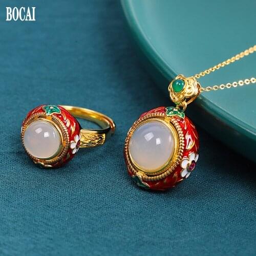 BOCAI New wild ethnic style necklace+ earring real s925 silver jewelry set burnt blue enamel womens red corundum pendant