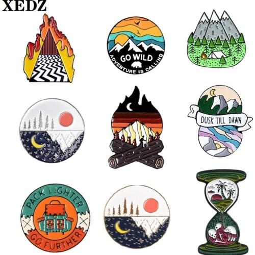 Outdoor adventure pin series drifting picnic vacation forest map tent desert island sunset badge friends travel brooch jewelry