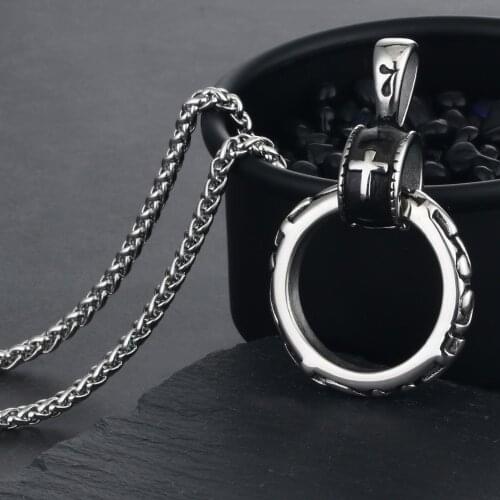 Trendy Round Pendant Necklaces Men Women Stainless Steel Link Chain Vintage Silver Color Religious Cross Punk Jewelry MN137