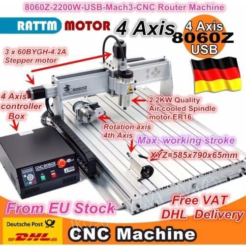 DE / EU 4 Axis 2200W 8060Z USB Mach3 2200W 2.2kw CNC Router Engraver Engraving Drilling Cutting Milling Mahcine 220VAC