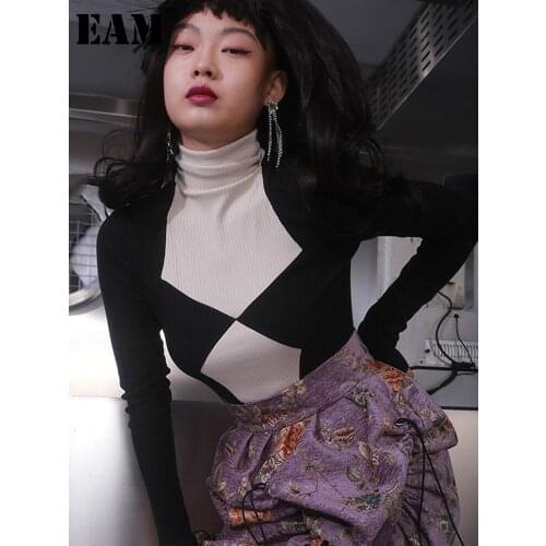 [EAM] Women Geometric Pattern Spliced Blouse New Turtleneck Long Sleeve Loose Fit Shirt Fashion Tide Spring Autumn 2021 1DD3360