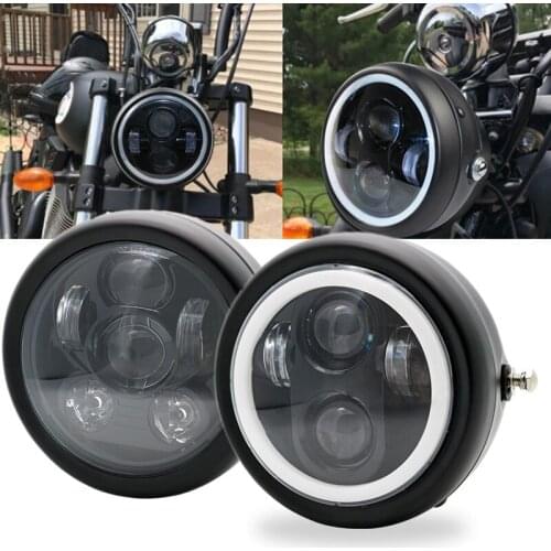 Black 6.5" LED Motorcycle Retro Headlight Angel Ring Hi&Lo Beam Bulb DRL With Angel Ring For Harley Sportster Cafe Racer Bobber