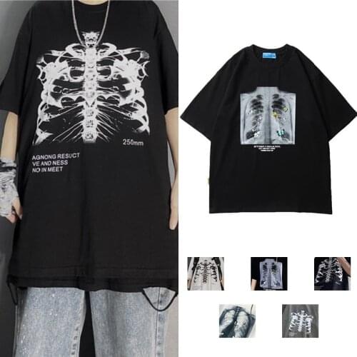 Y2K Oversized T-Shirt Trendy Letter Skeleton Print Tee Loose Short Sleeve Round Neck 2021 Men Women Gothic Top Korean Streetwear
