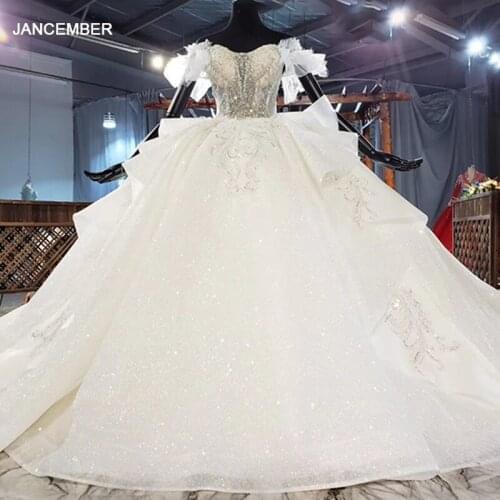 HTL1947 Ball-Gown Beaded Crystal Luxury Pearls Wedding Dress 2020 Short Sleeve V-Neck Lace Up Back Off The Shoulder