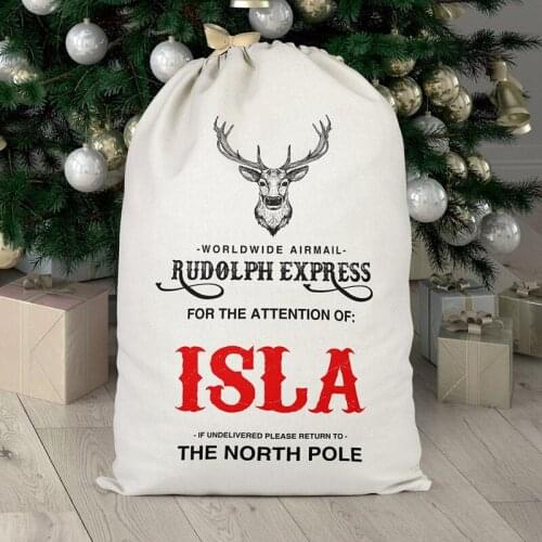 Personalised Christmas Sack with kid name Bag Rudolph Express Bachelorette Bag baptism gift bag canvas Kids Present Storage bag