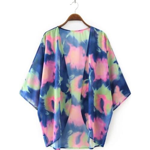 Summer Womens Large Size Loose Tie-dye Printed Chiffon Cardigan Sunscreen Kimono Coat Beach Dress Cover-ups Tops Beachwear