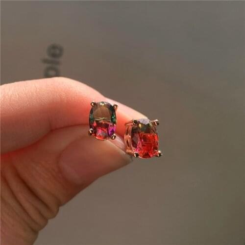 Cute Female Crystal Oval Stud Earrings Rose Gold Silver Color Earrings Dainty Rainbow Zircon Stone Wedding Earrings For Women