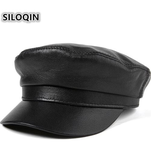 SILOQIN Trend Genuine Leather Hat Snapback Woman Autumn Winter High Quality Sheepskin Military Hat Mens Flat Cap Bone Casquette