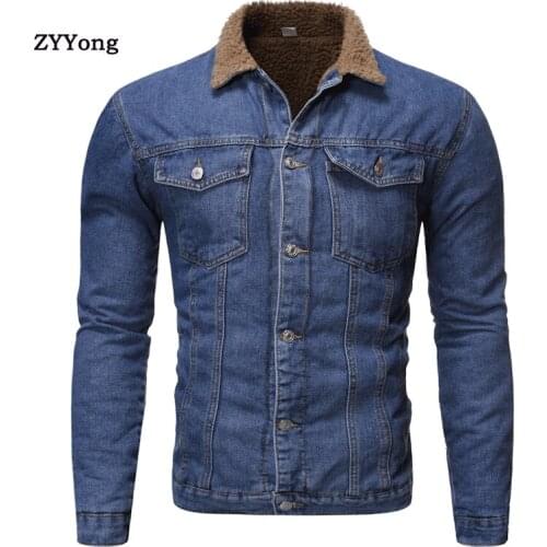 Men Light Blue Winter Jean Jackets Outerwear Warm Denim Coats New Men Blue Wool Liner Thicker Winter Denim Jackets Size S-XXL